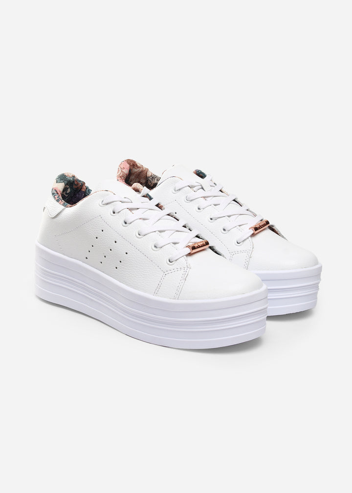 Timba Blanco Cuero con forro estampado- Tenis Blancos de plataforma